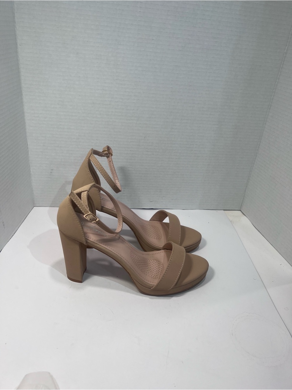 Block Heel Ankle-Strap Sandals in Nude Tan